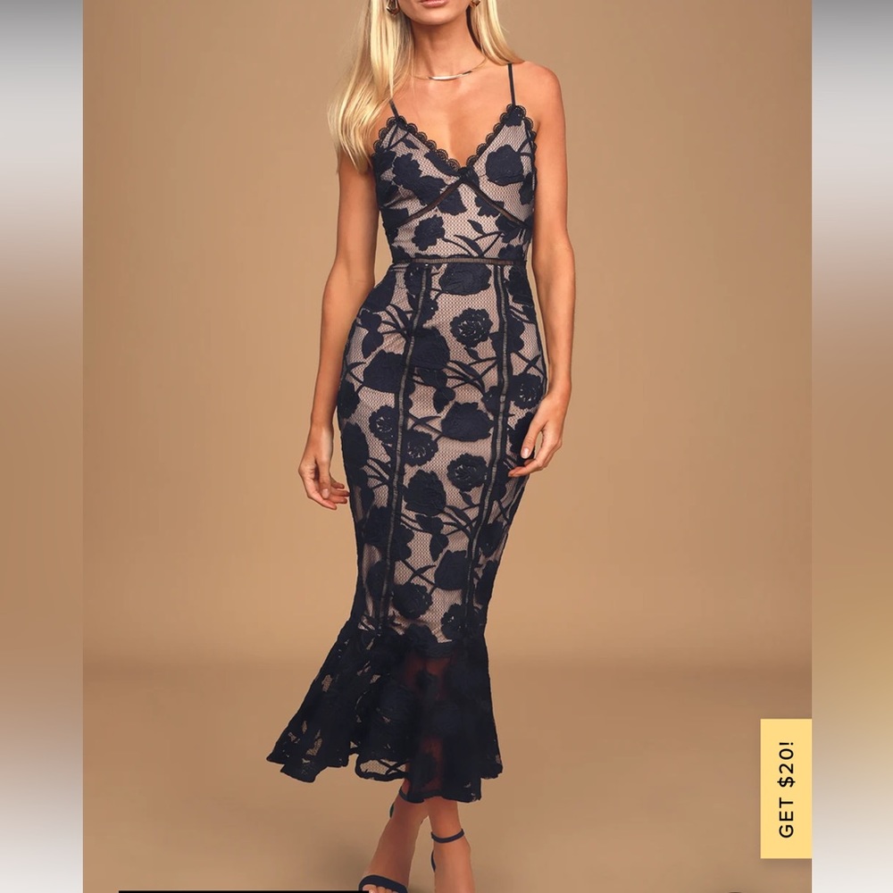 Lulus Navy Blue Floral Mesh Lace Trumpet Midi Dress